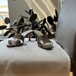 Manolo Blahnik Kitten Heel Silver Slide Sandals